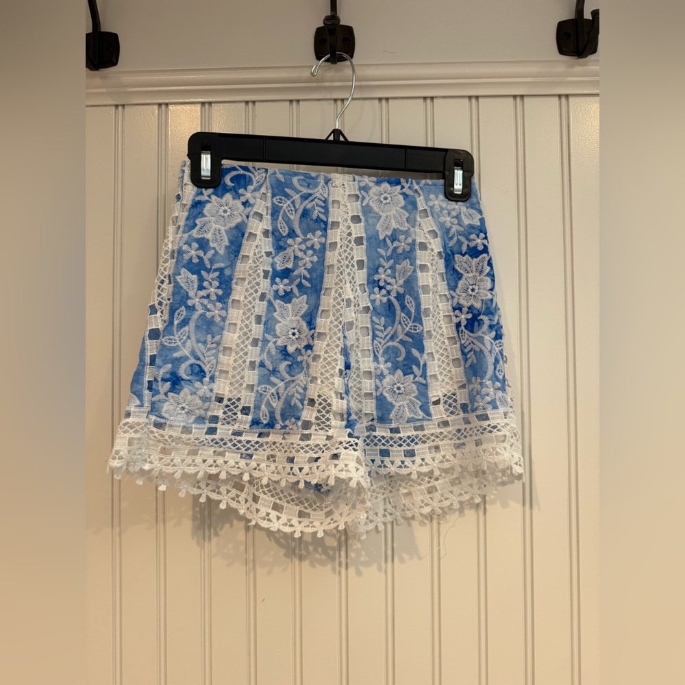Angel Biba Floral Lace High Waist Shorts in Blue and White